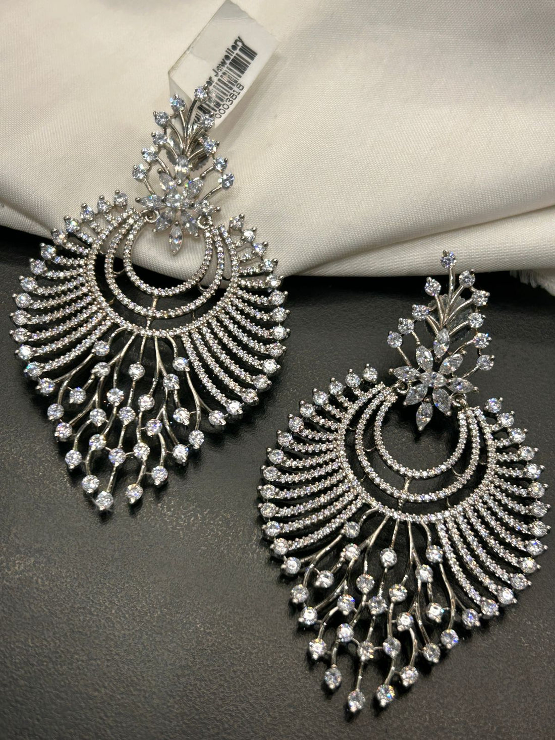 Sparkling Silver Fan Style Long Diamond Look Earrings