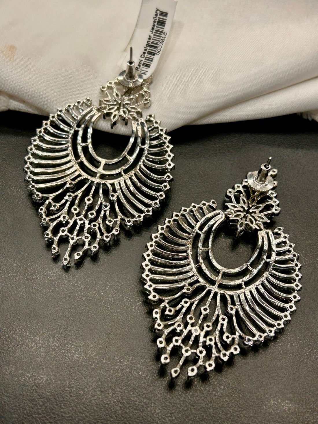 Sparkling Silver Fan Style Long Diamond Look Earrings