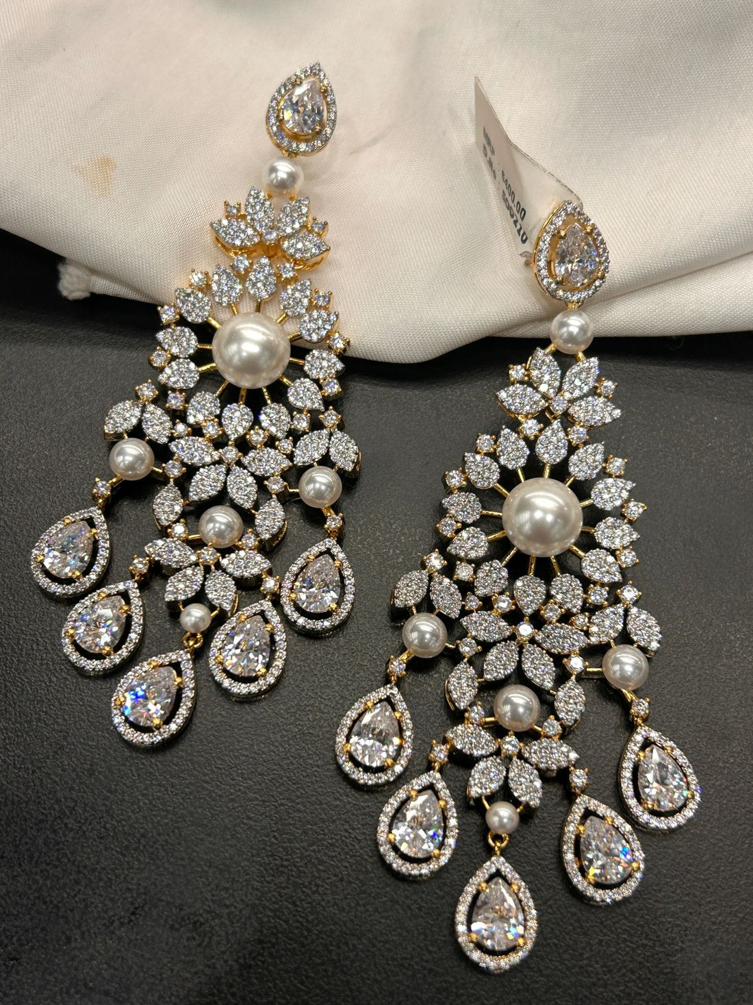 Pearl & Diamond Teardrop Long Statement Earrings