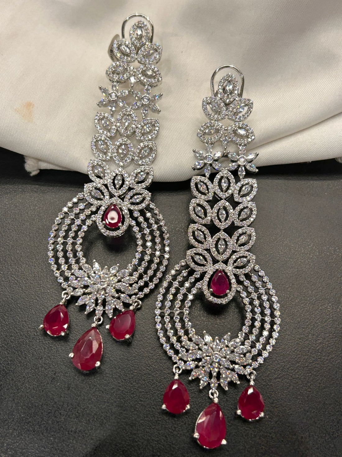 Silver & Ruby Red Designer Statement Earrings