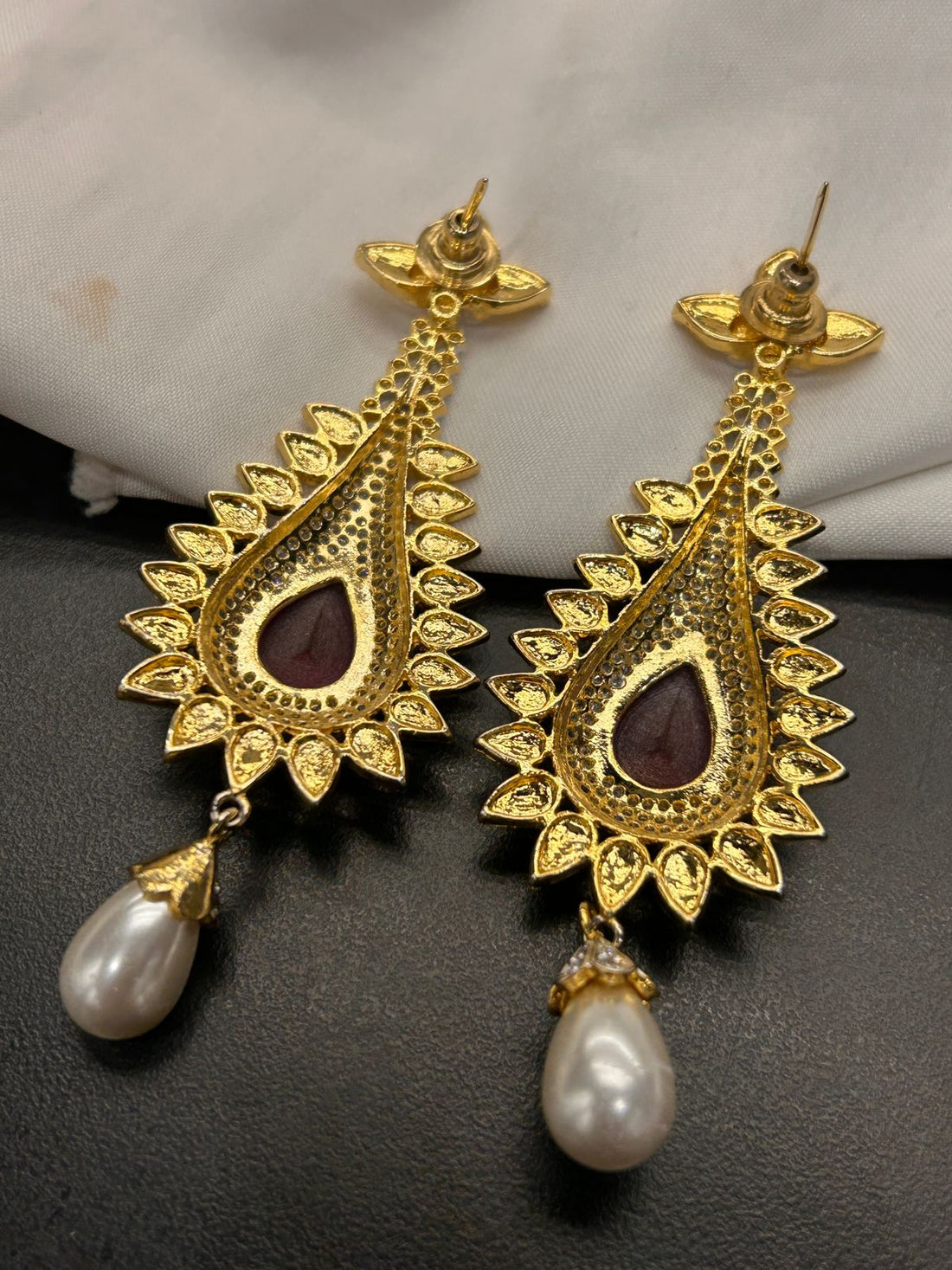 Gold Finish Ruby & Pearl Drop Earrings