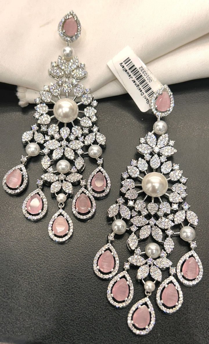 Pink Stone & Pearl Drop CZ Statement Earrings