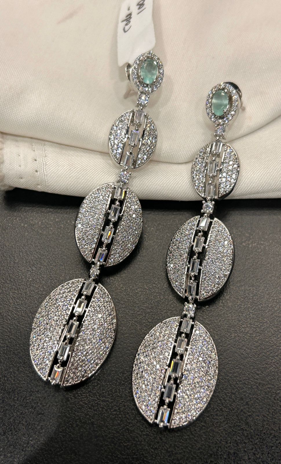 Green Stone Silver Diamond Look Long Earrings