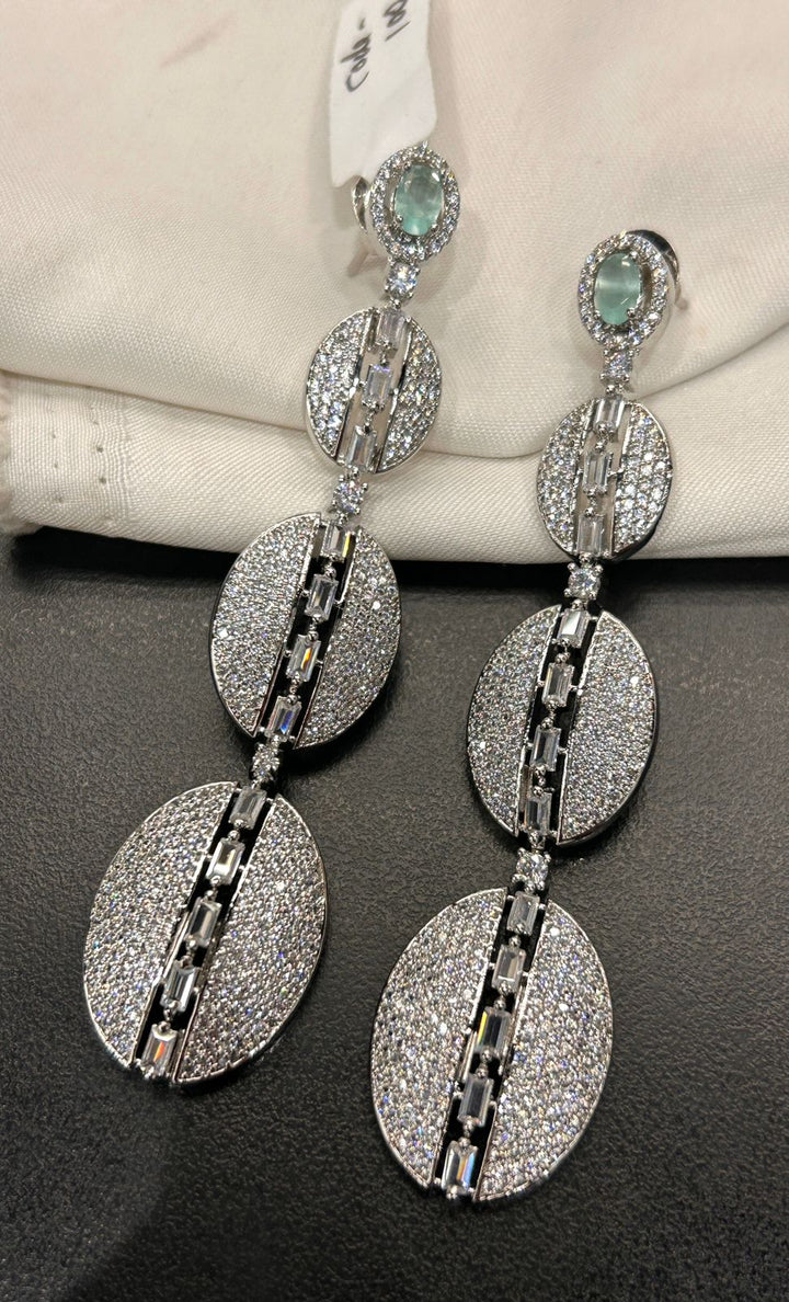 Green Stone Silver Diamond Look Long Earrings