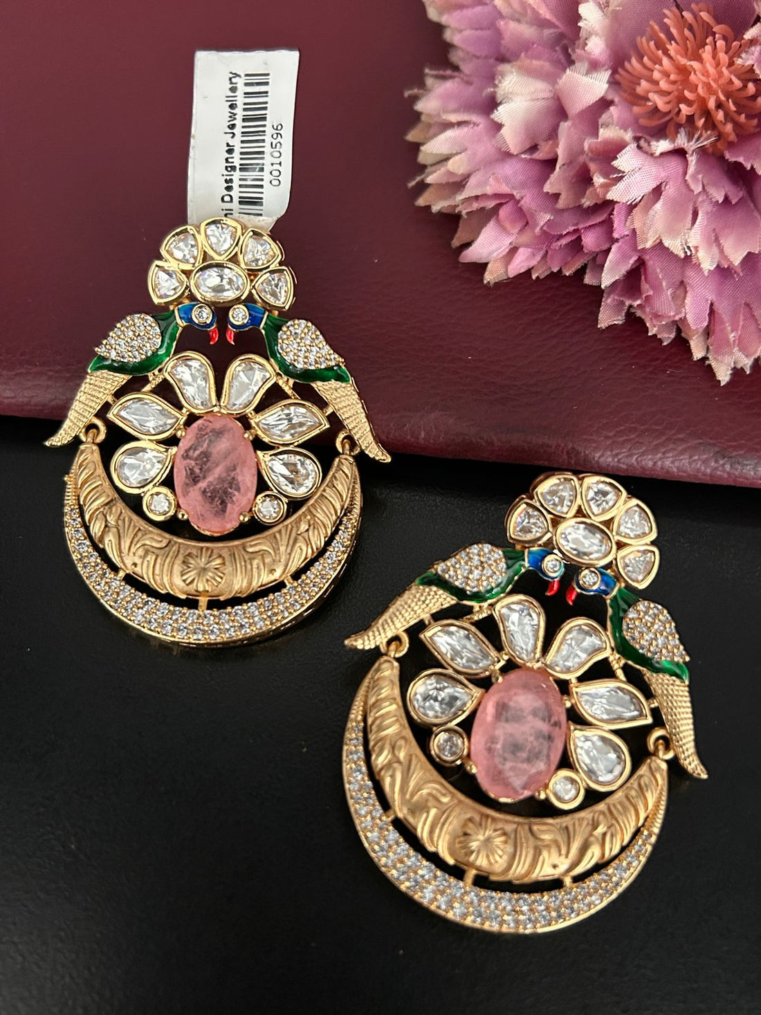 Peacock Design Pink Stone Kundan Earrings