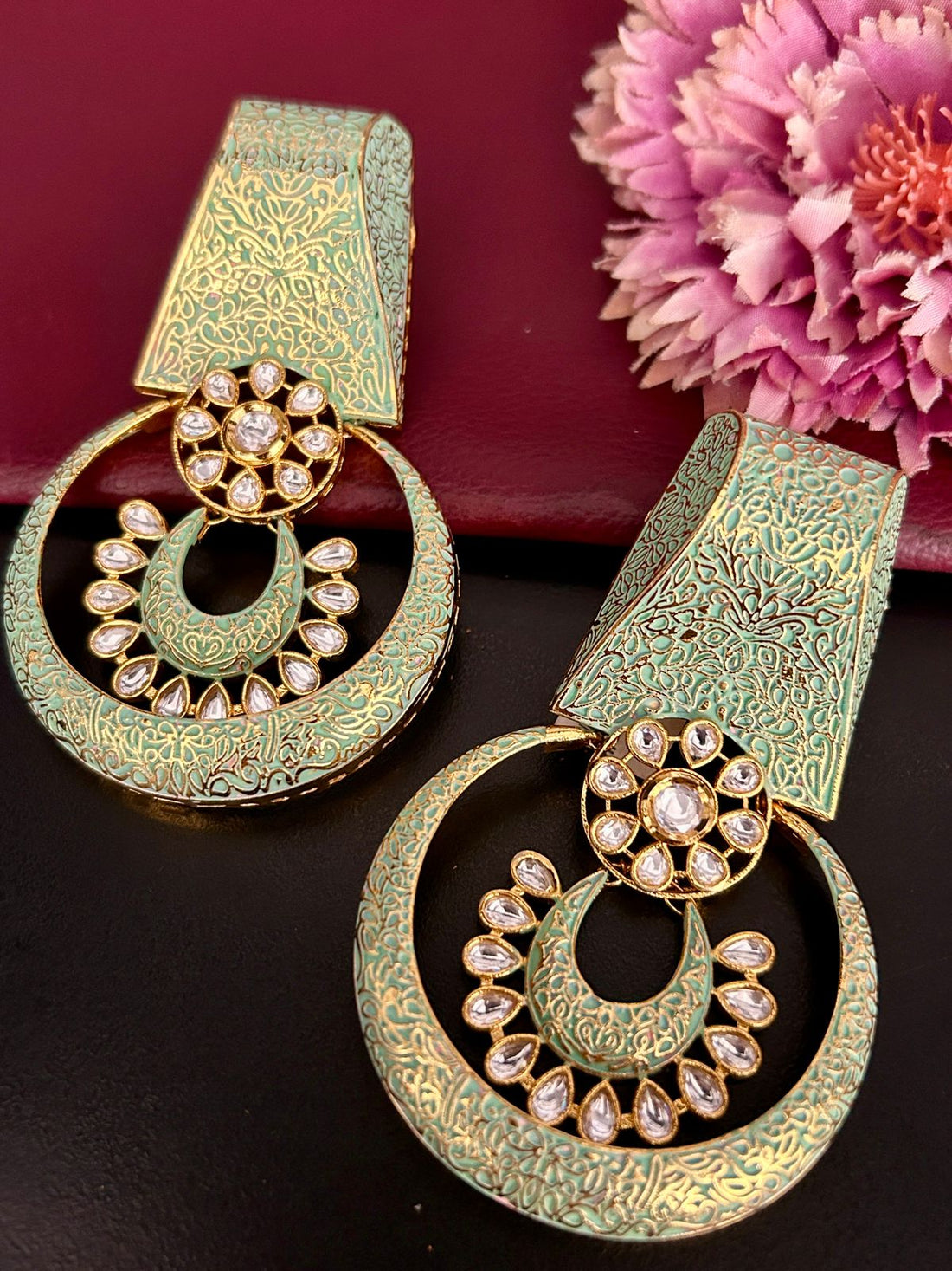 Mint Green Meenakari Kundan Hoop Earrings