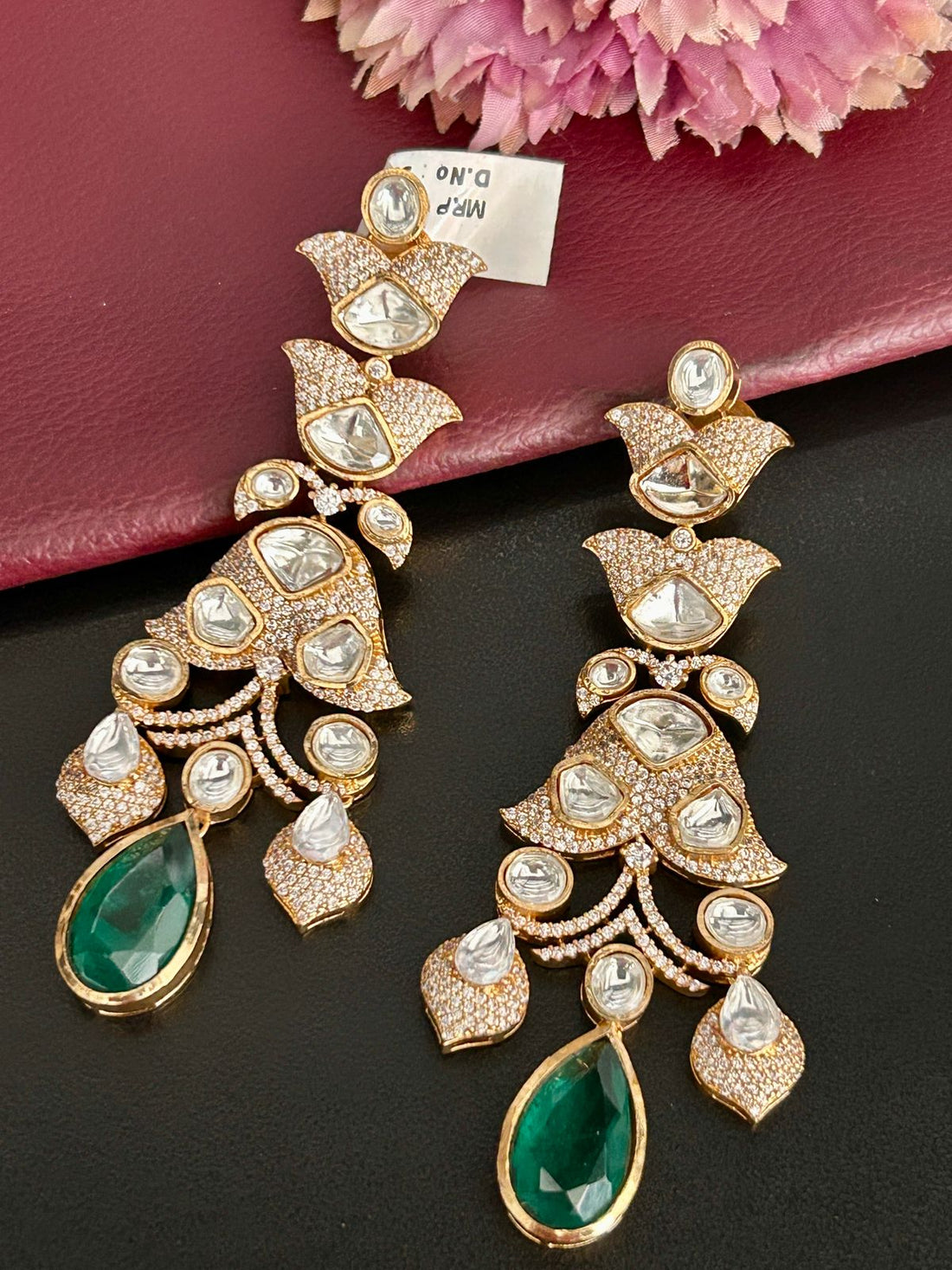 Emerald Green Tear Drop Kundan Earrings – Luxury Bridal Jewellery