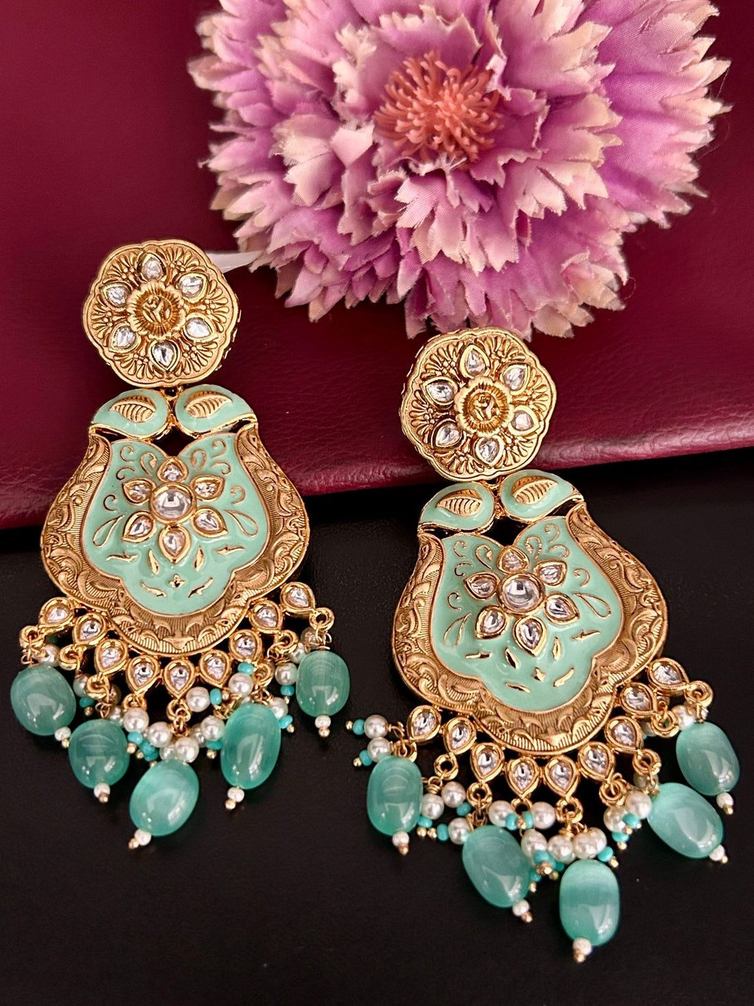 Mint Green Meenakari Earrings with Beaded Drops – Traditional Designer Jewellery