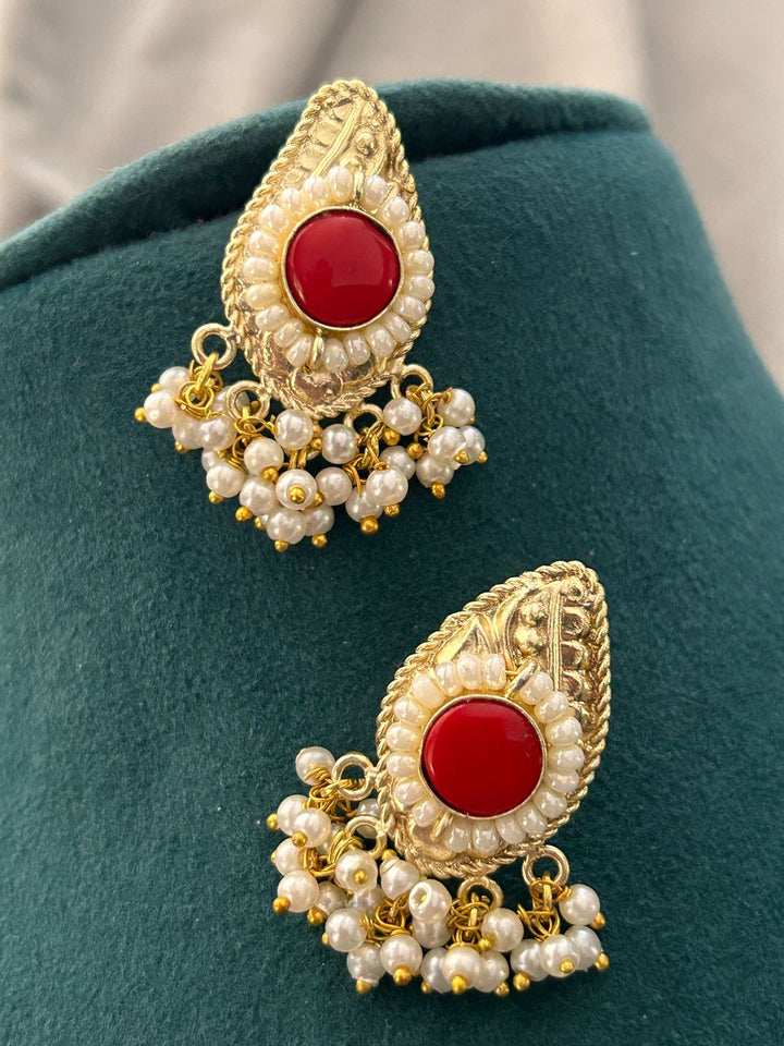Majestic Kundan Pearl Choker Set with Red Stone Earrings