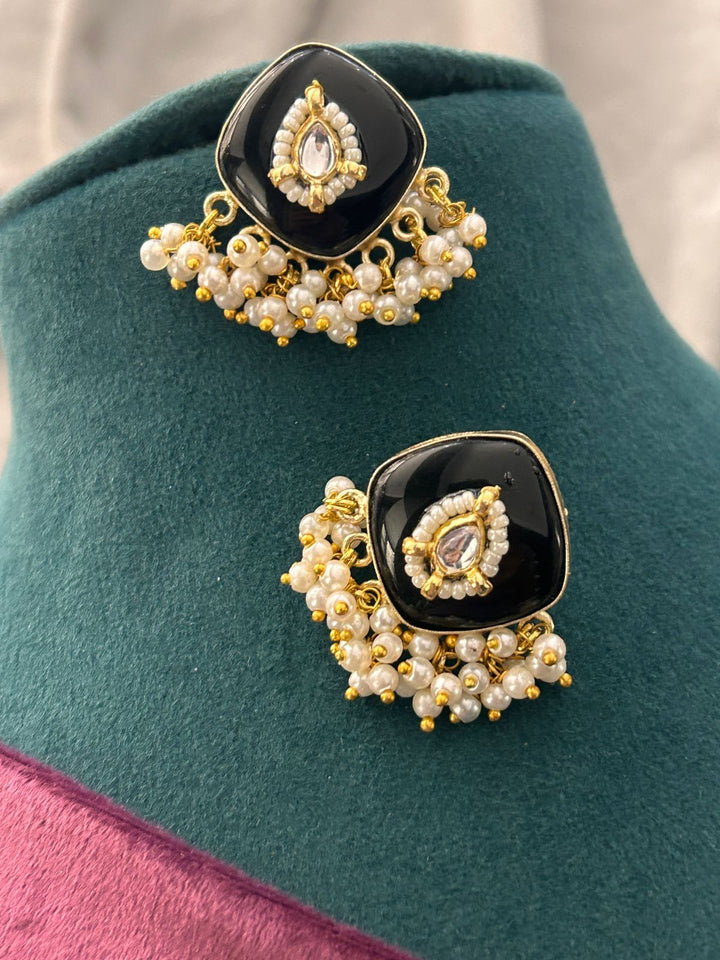 Royal Black Kundan Choker Necklace Set with Pearl Drops & Earrings