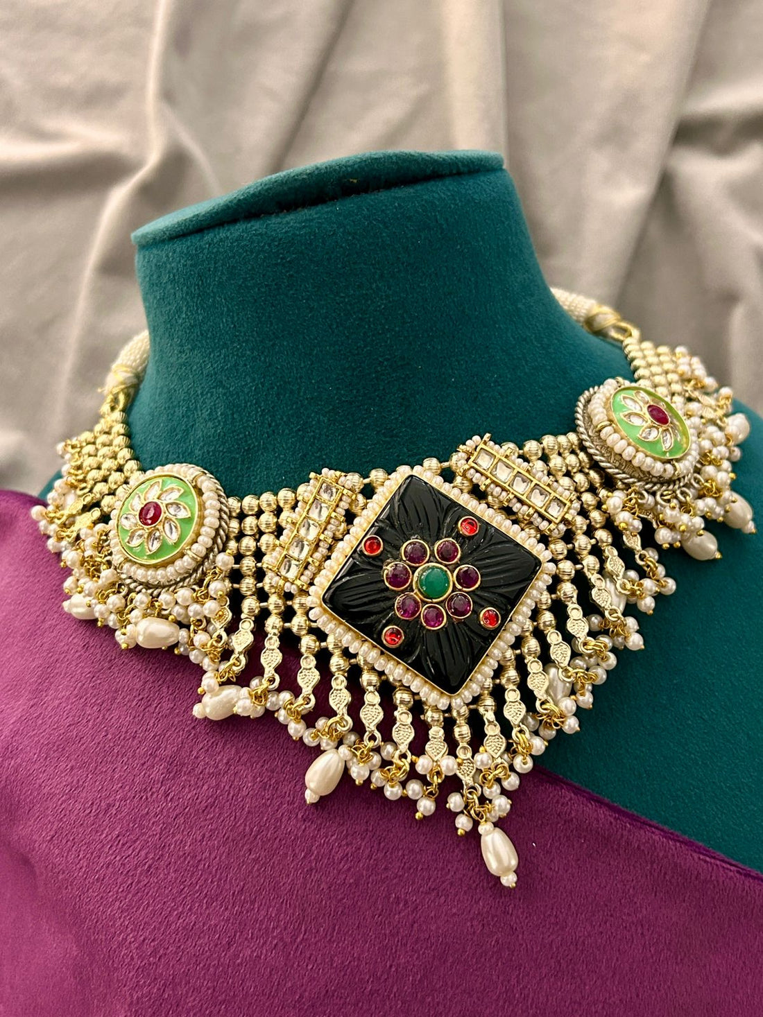 Royal Black Kundan Choker Necklace Set with Pearl Drops & Earrings