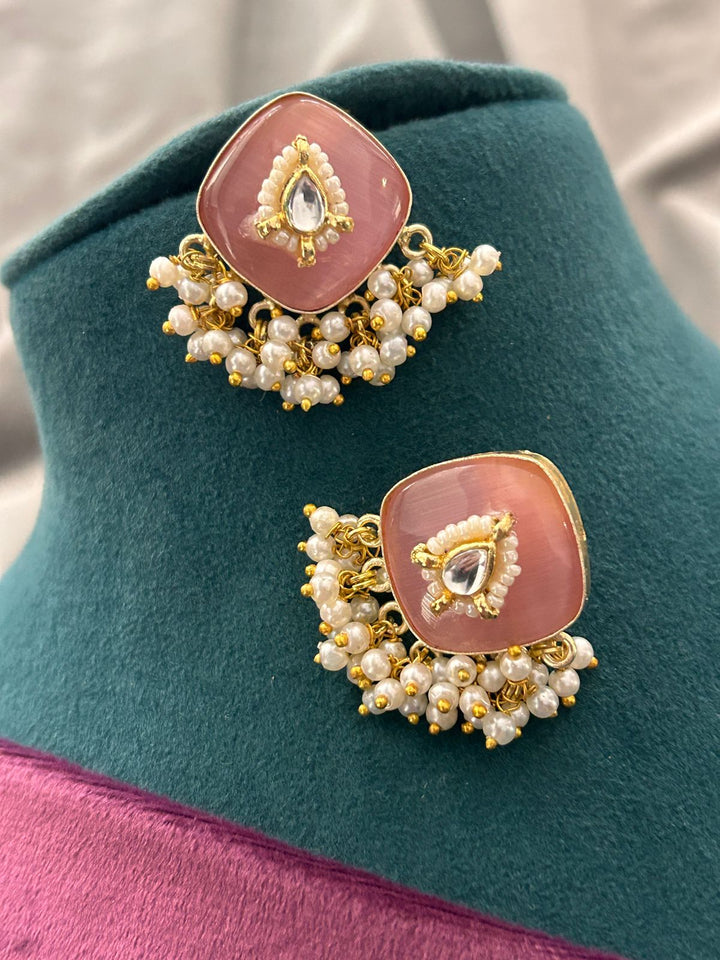 Grand Kundan Choker Necklace Set with Pearls & Pink Stone Earrings