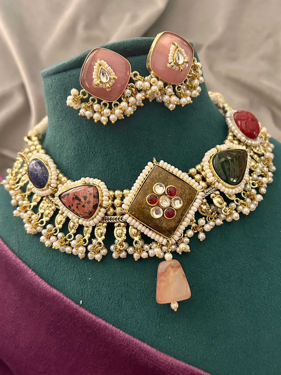 Royal Multi-Stone Kundan Choker Necklace Set with Pearls
