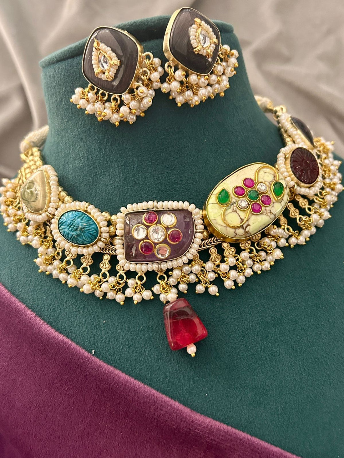 Royal Multicolor Stone Kundan Pearl Choker Set