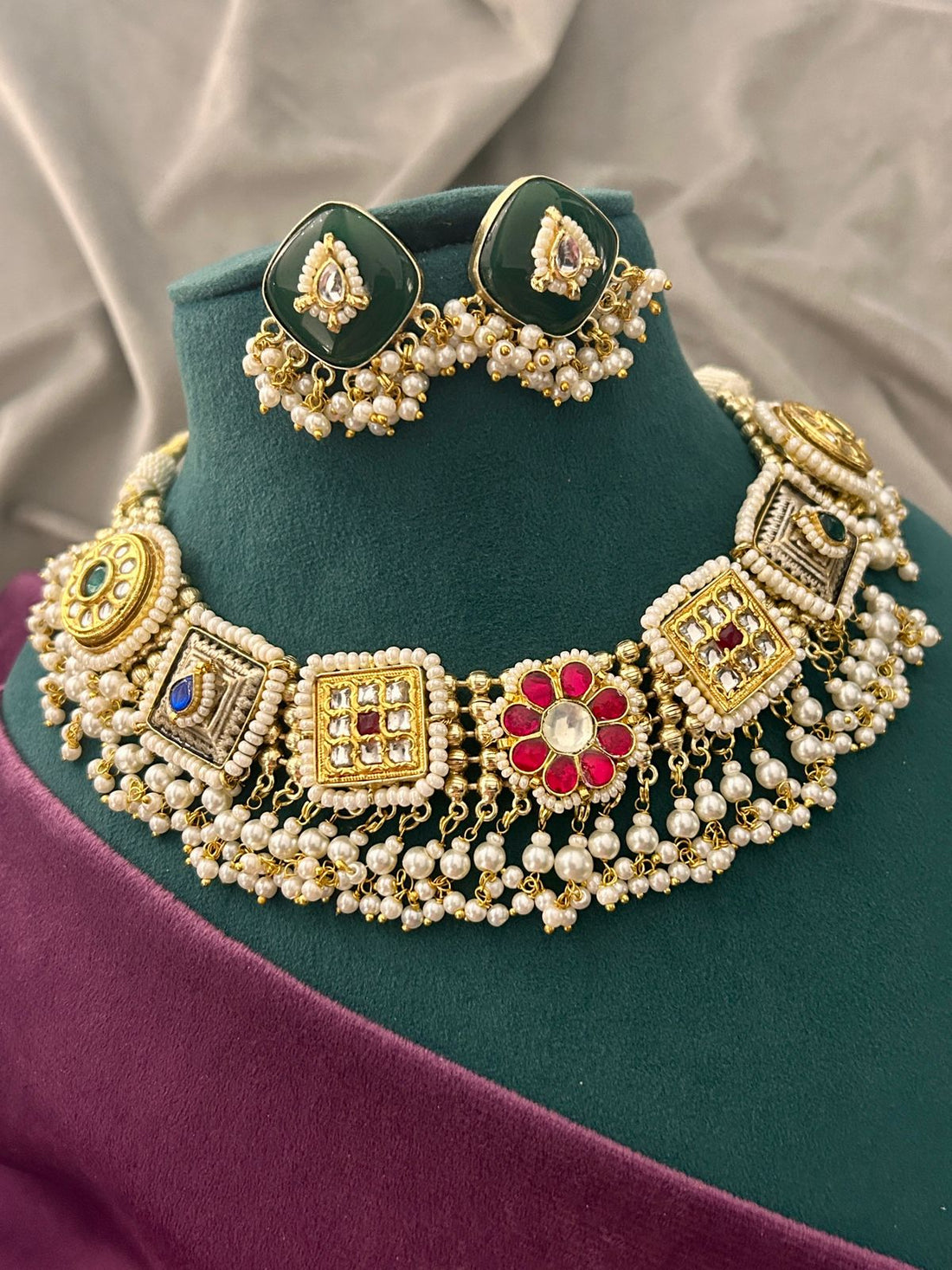 Multicolor Kundan Square Motif Choker Necklace Set with Pearl Drops & Earrings