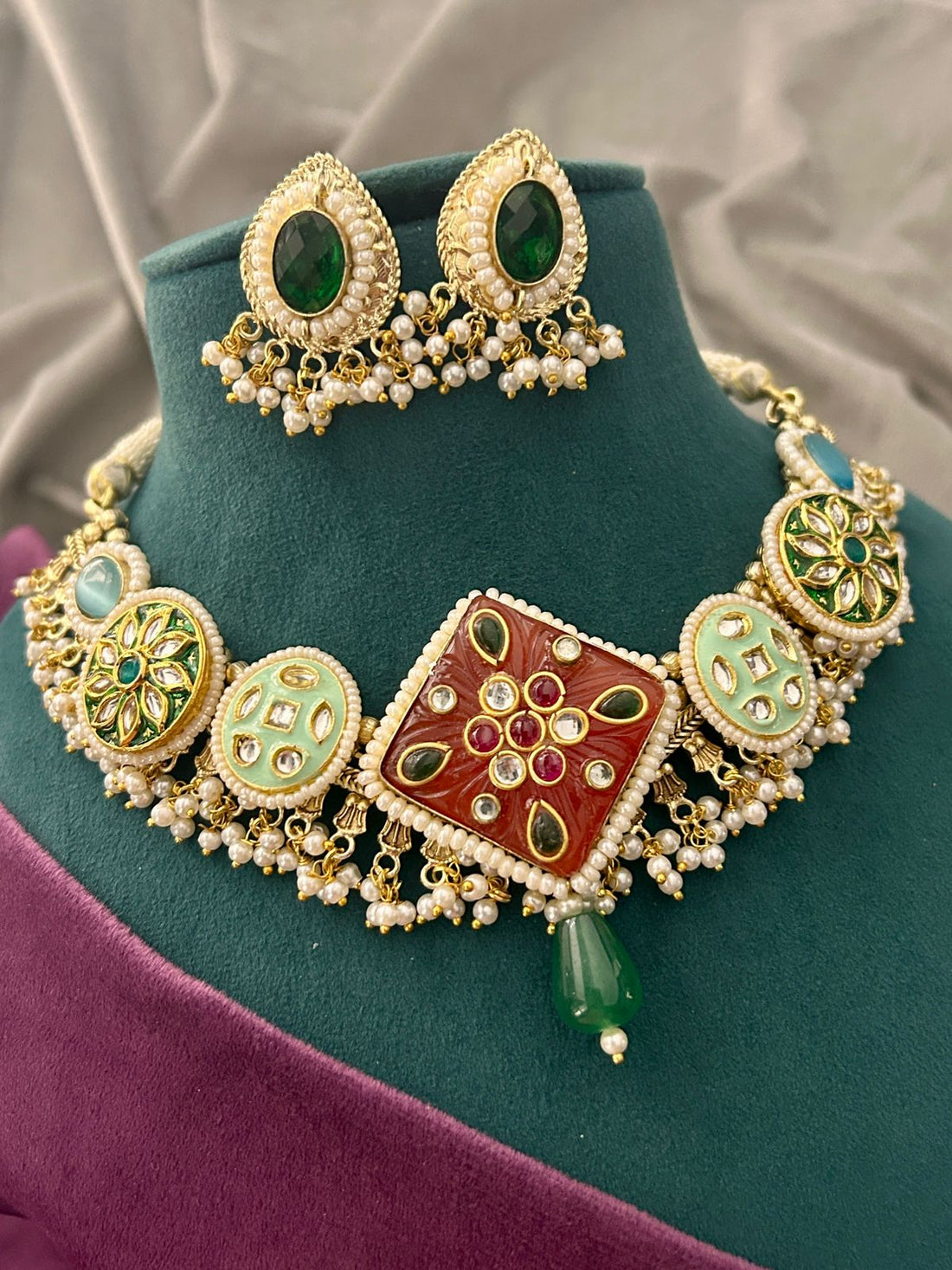Green & Red Kundan Square Motif Choker Necklace Set with Pearl Detailing