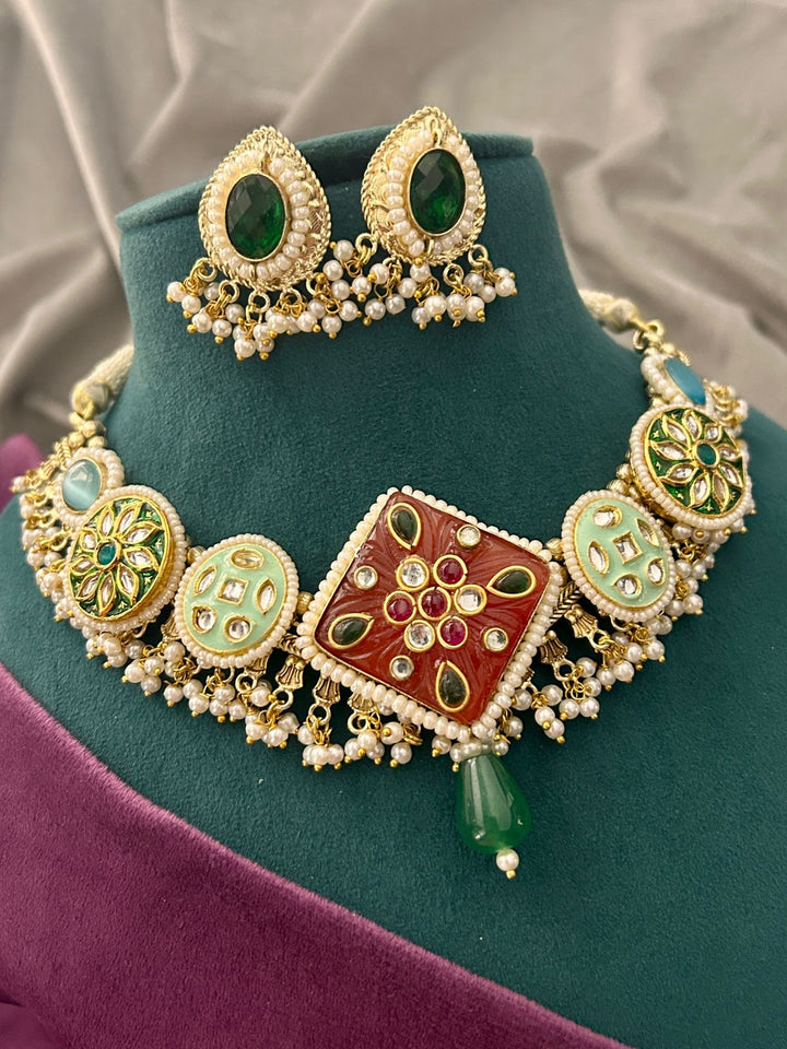 Green & Red Kundan Square Motif Choker Necklace Set with Pearl Detailing