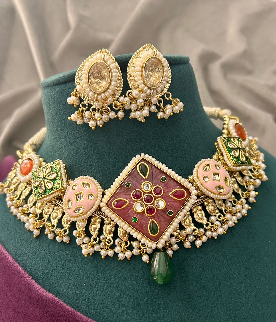 Multicolor Kundan Pearl Choker Necklace Set with Carved Centerpiece