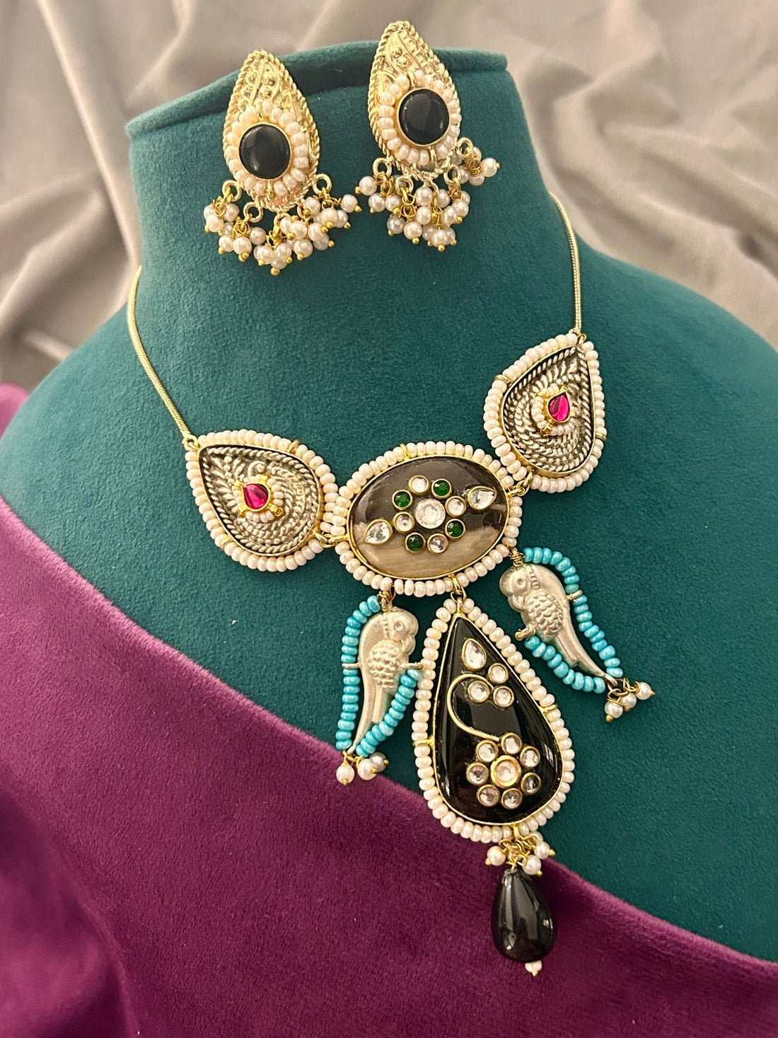 Royal Peacock Inspired Black Stone Kundan Choker Necklace Set