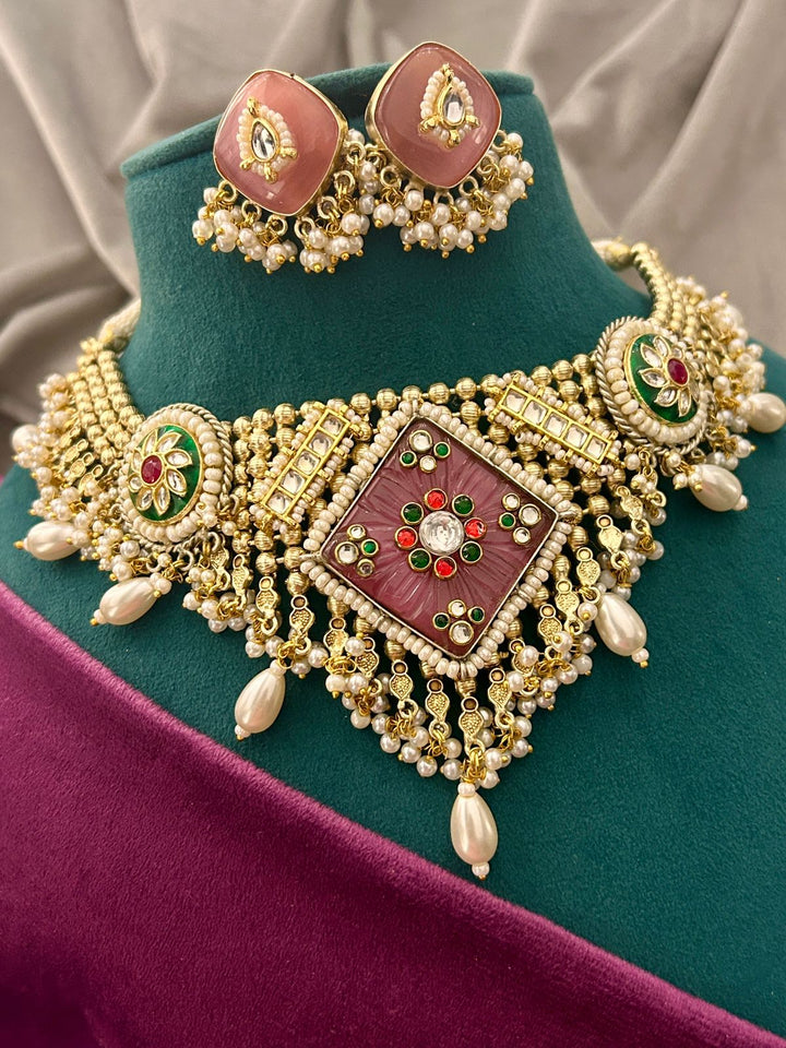 Grand Kundan Choker Necklace Set with Pearls & Pink Stone Earrings