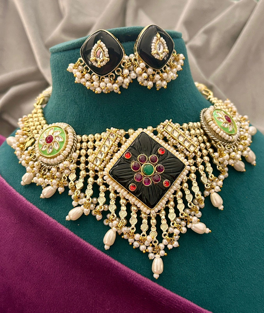 Royal Black Kundan Choker Necklace Set with Pearl Drops & Earrings