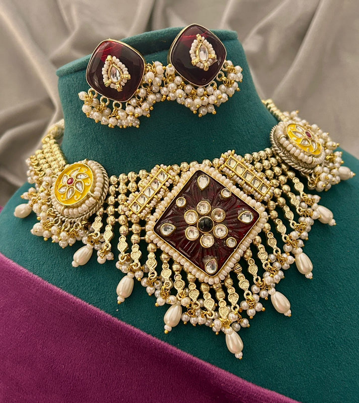 Royal Red & Yellow Kundan Pearl Choker Necklace Set