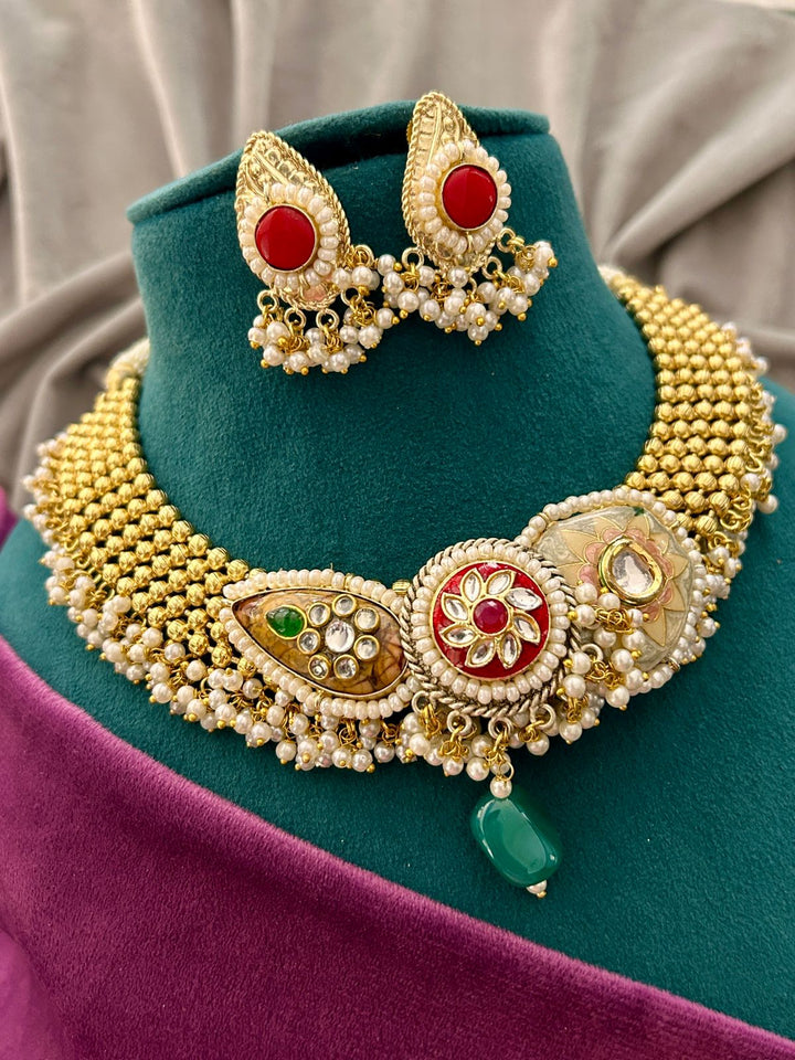 Majestic Kundan Pearl Choker Set with Red Stone Earrings