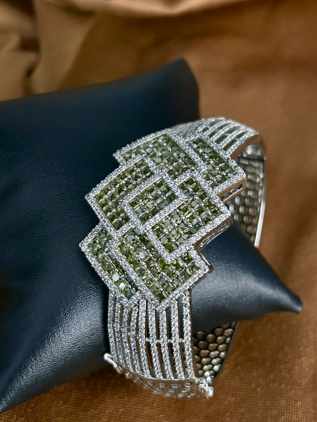 Olive Green Geometric Diamond Look Openable Bracelet