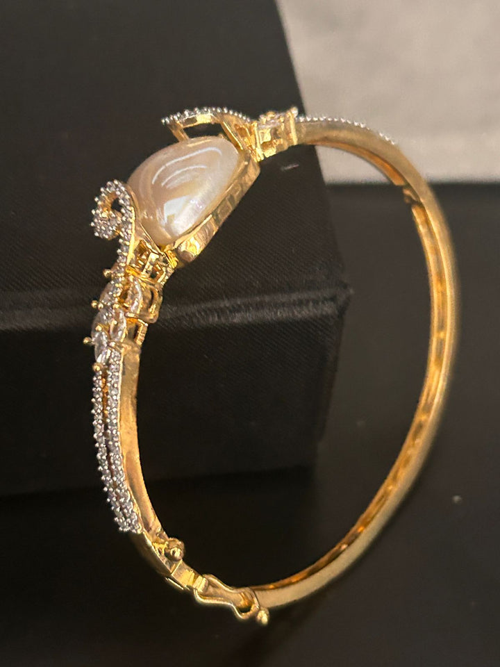 Golden Openable Bracelet with Pearl White Stone & CZ Detailing