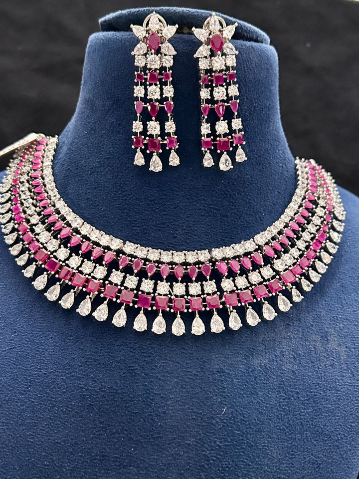 Ruby Elegance Diamond Look Necklace Set with Earrings