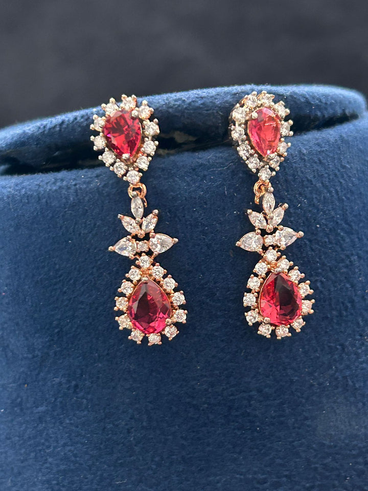 Elegant Ruby Drop Diamond Look Necklace Set with Earrings