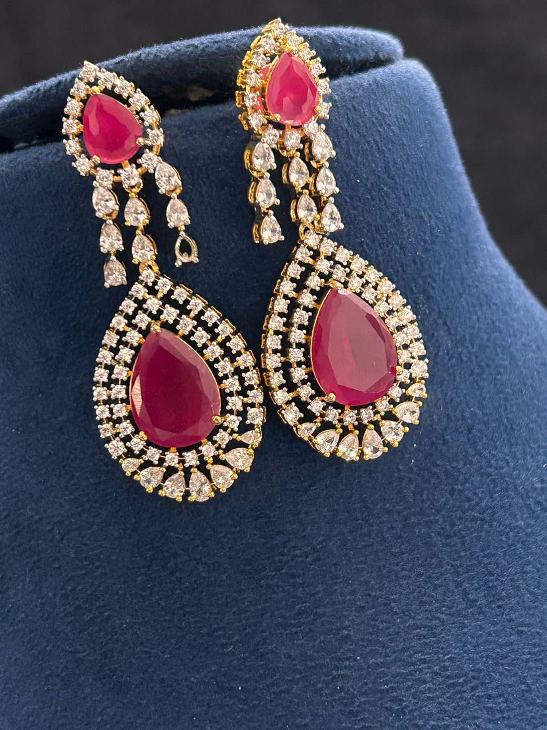 Royal Ruby Teardrop Diamond Look Necklace Set with Earrings