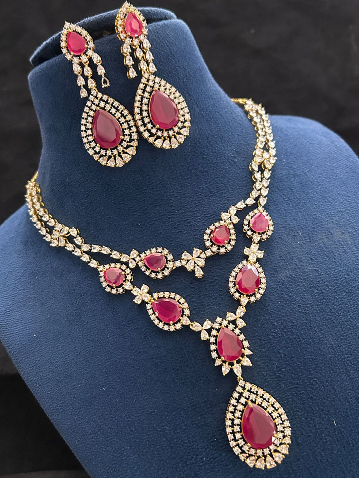 Royal Ruby Teardrop Diamond Look Necklace Set with Earrings