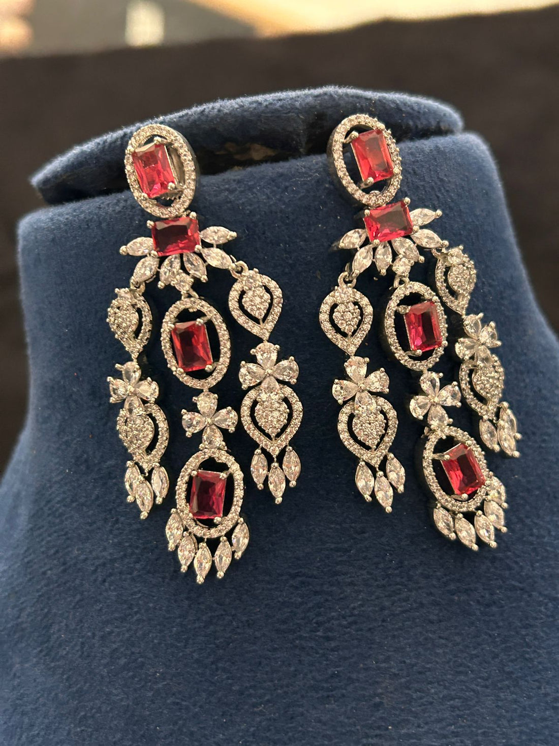 Royal Ruby Diamond Look Bridal Necklace Set with Long Earrings