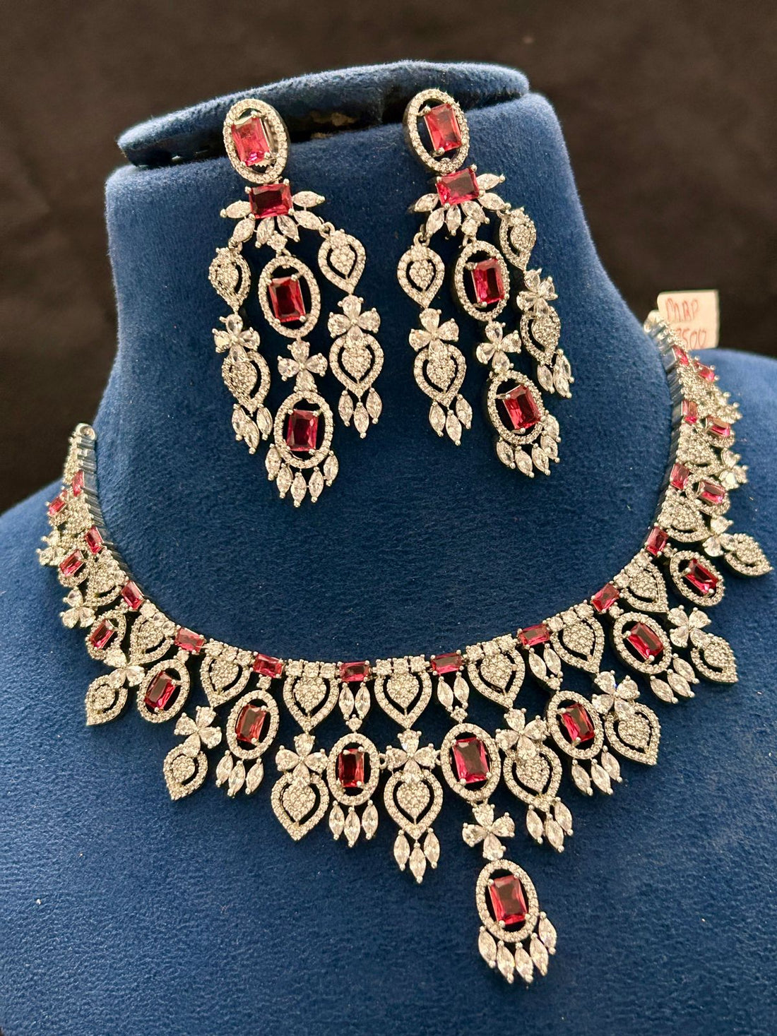 Royal Ruby Diamond Look Bridal Necklace Set with Long Earrings