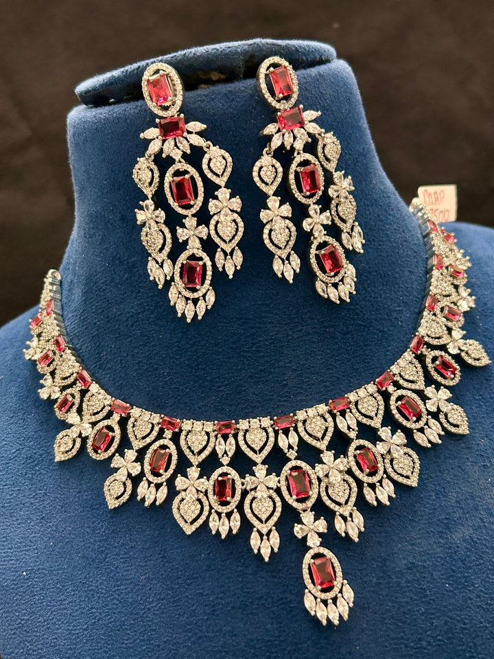 Royal Ruby Diamond Look Bridal Necklace Set with Long Earrings