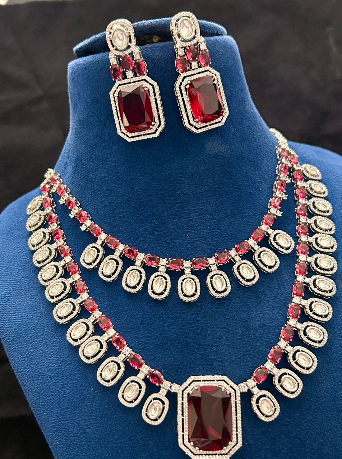 Grand Ruby Diamond Look Necklace Set with Statement Earrings