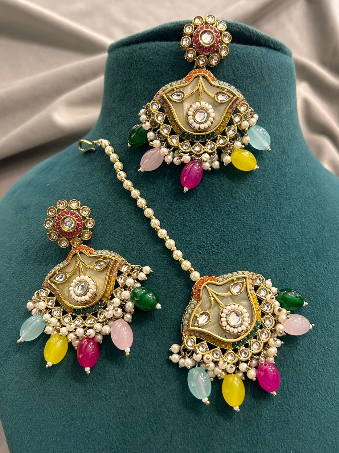 Traditional Kundan & Pearl Multicolor Necklace Set with Earrings & Maang Tikka