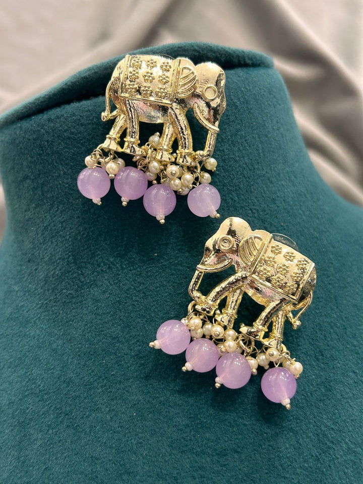 Golden Elephant Motif Choker Necklace Set with Earrings