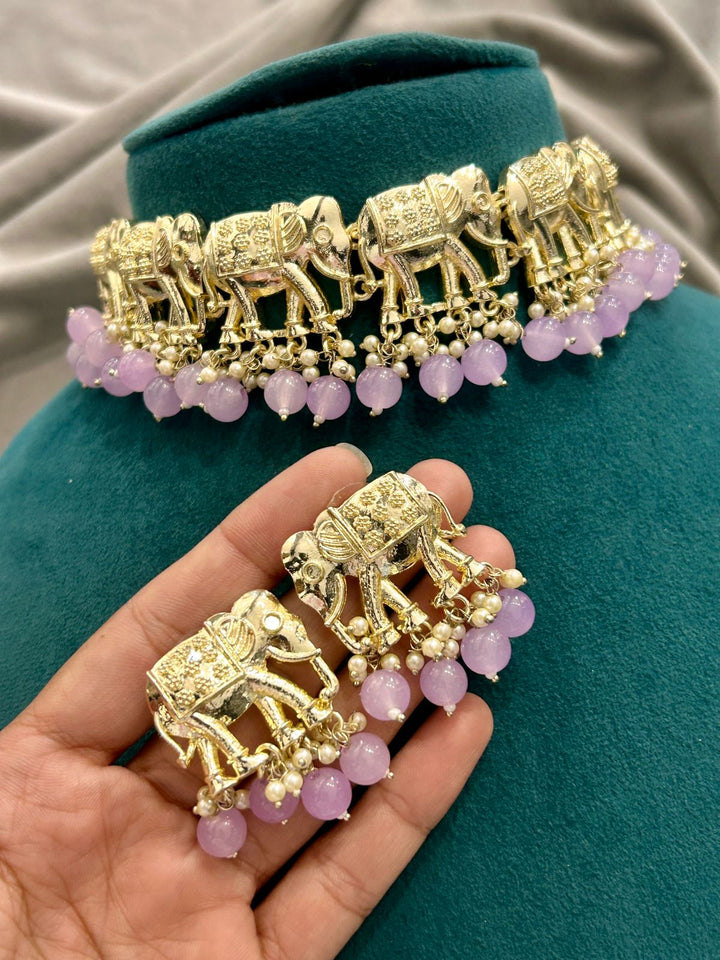 Golden Elephant Motif Choker Necklace Set with Earrings