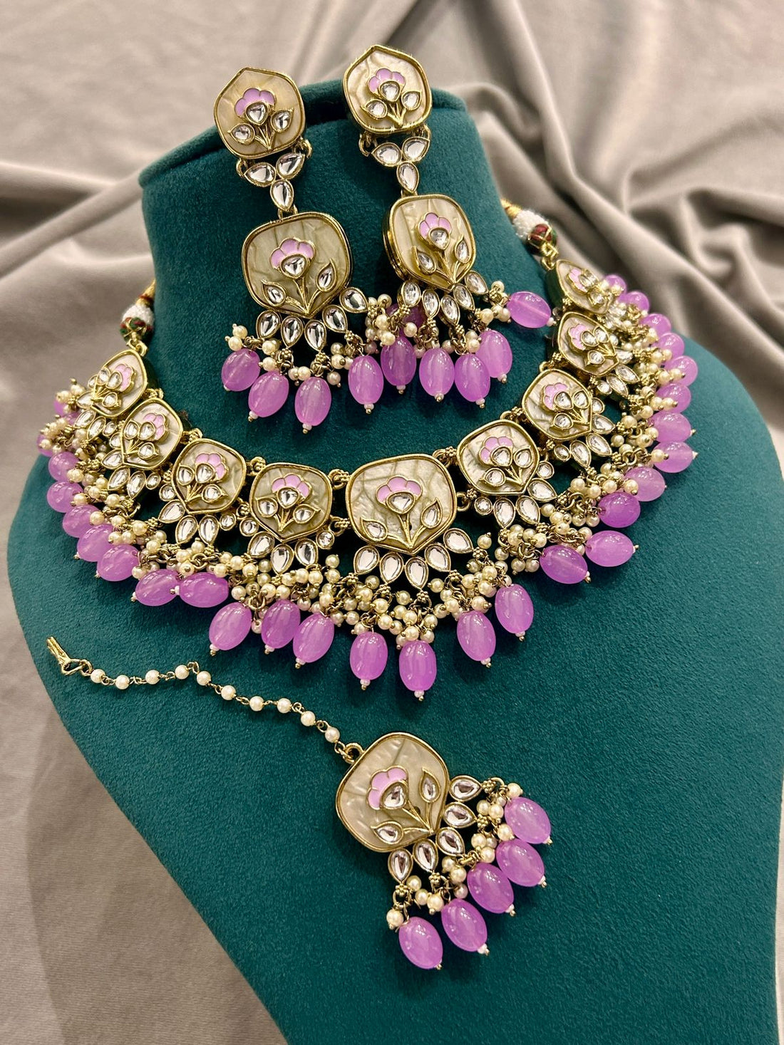 Lavender Stone Kundan Bridal Set with Earrings & Maang Tikka