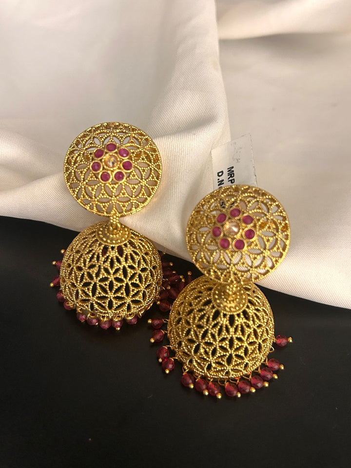 Traditional Gold Finish Jhumka Earrings with Ruby Beads