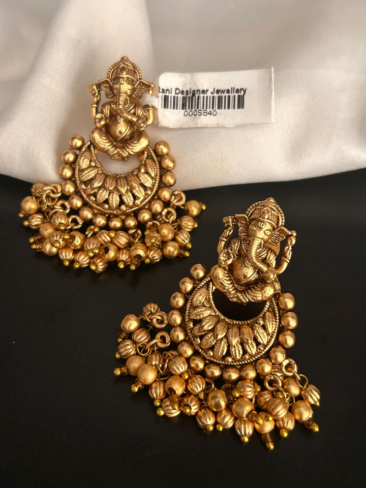 Antique Gold Finish Ganesha Temple Earrings