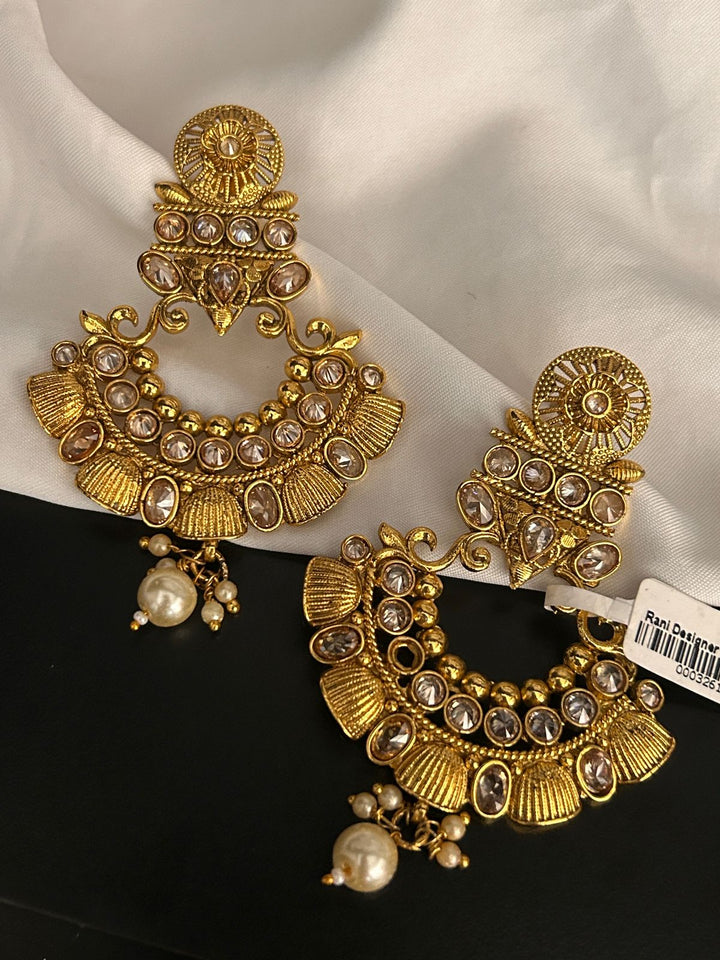 Antique Kundan Temple Earrings with Pearl Drops