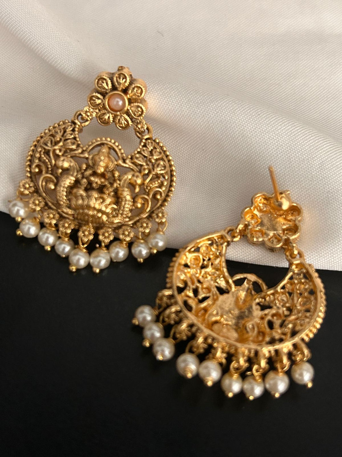 Antique Lakshmi Temple Earrings with Pearl Drops