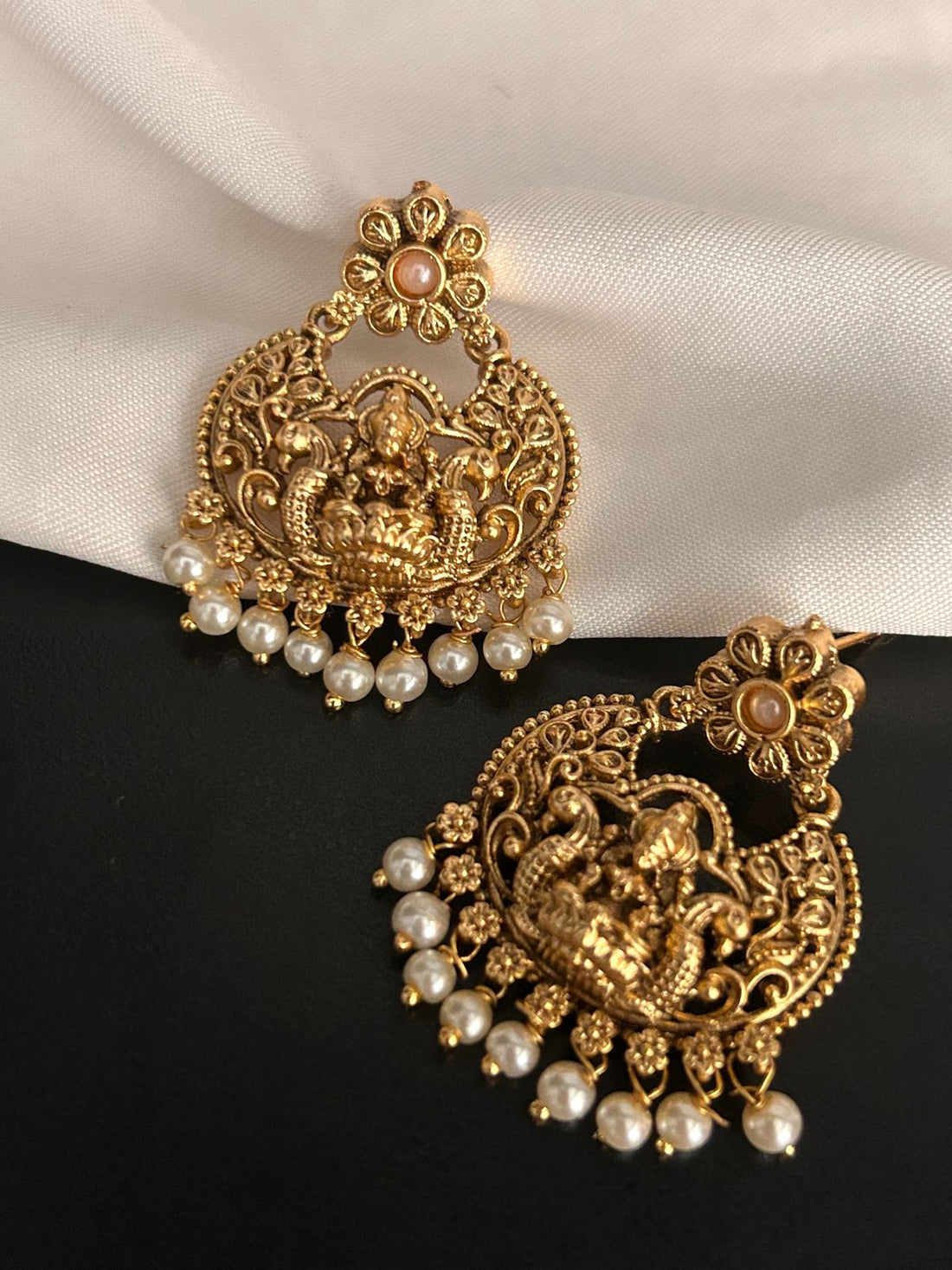 Antique Lakshmi Temple Earrings with Pearl Drops