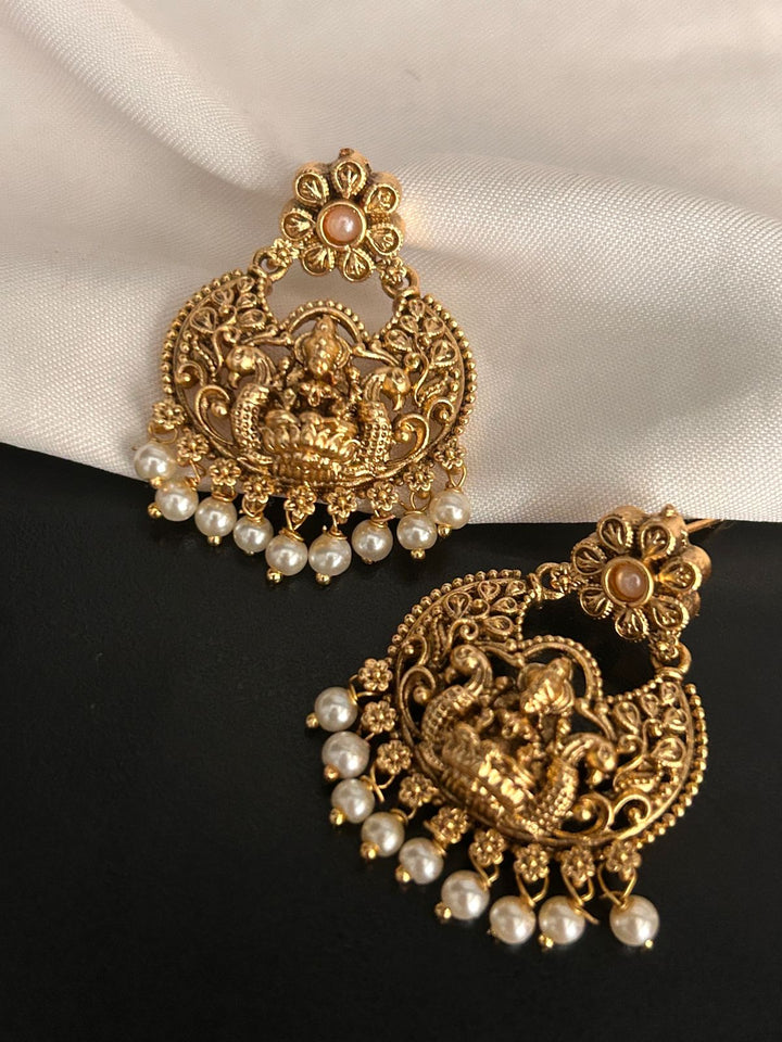 Antique Lakshmi Temple Earrings with Pearl Drops