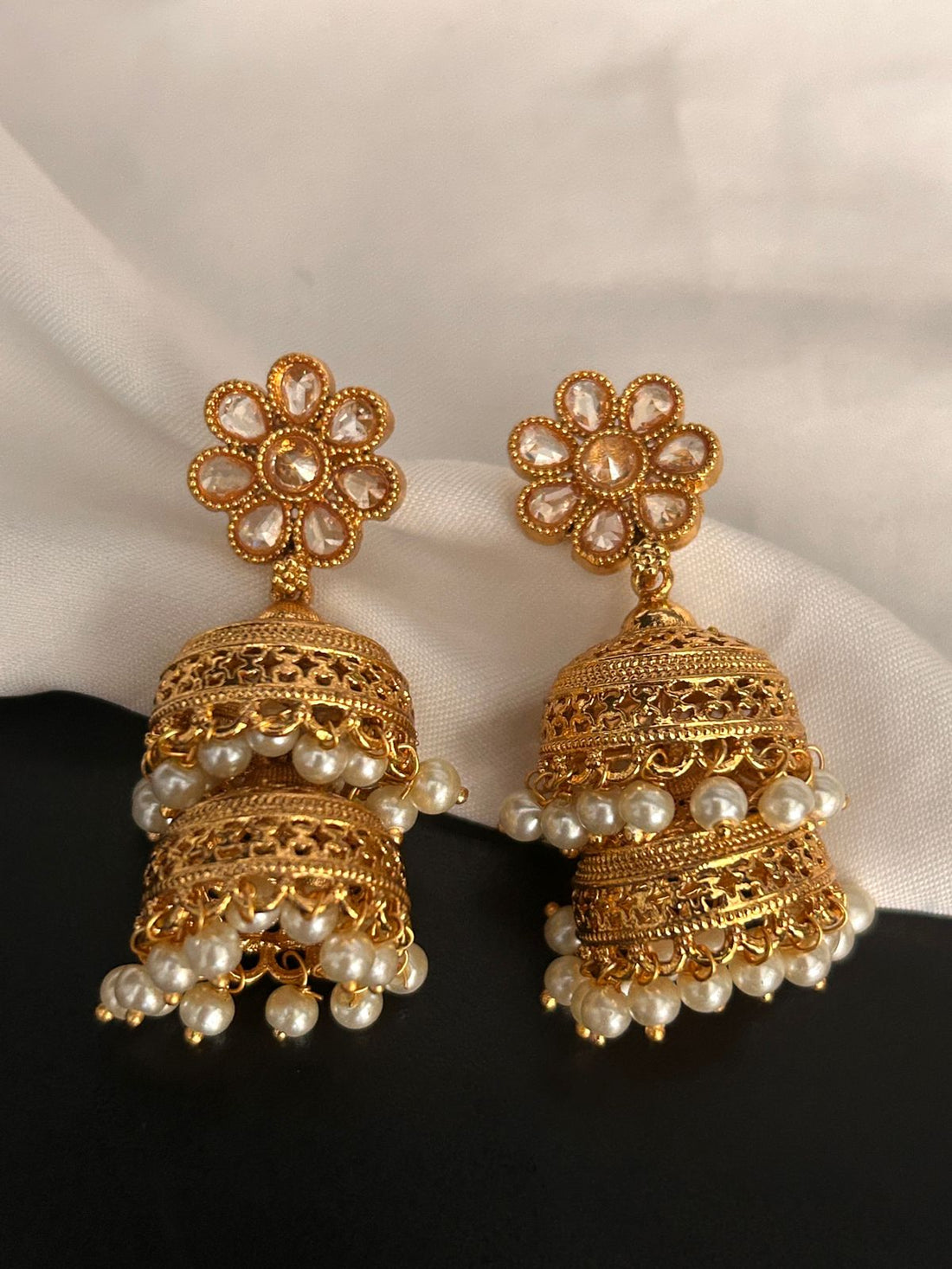 Traditional Gold Plated Jhumka Earrings with Pearl Drops