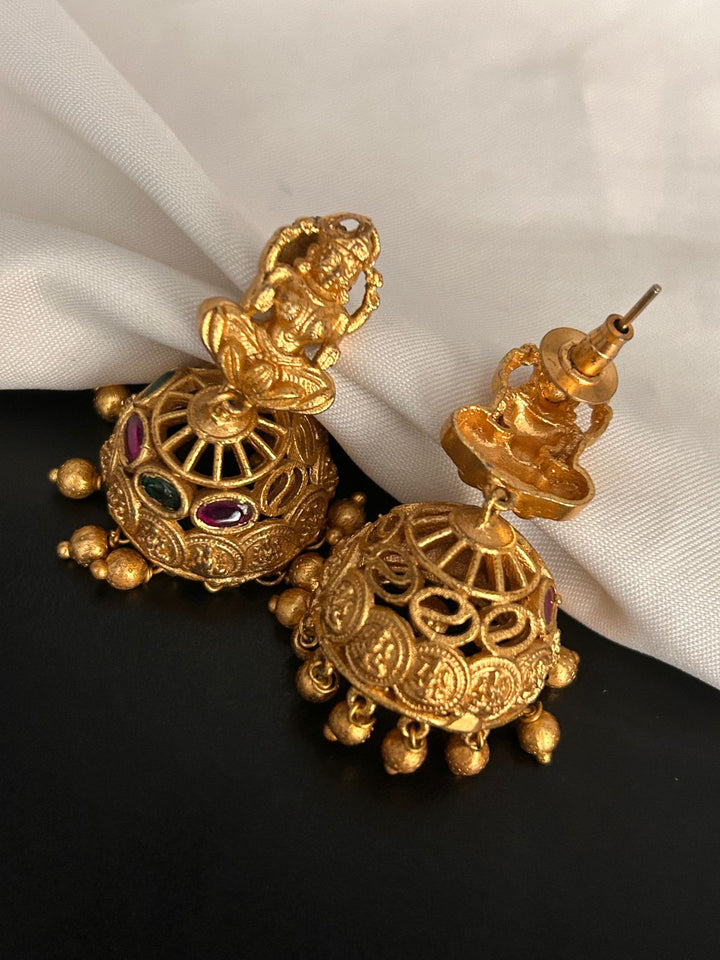 Antique Lakshmi Temple Jhumka Earrings with Ruby & Emerald Stones
