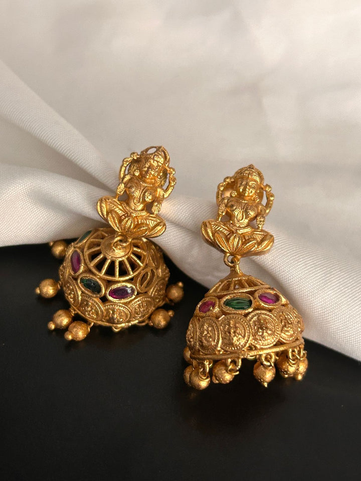Antique Lakshmi Temple Jhumka Earrings with Ruby & Emerald Stones